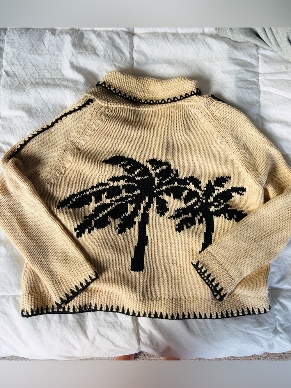 The GREAT. Cream Open-Front Cardigan with Black Trim